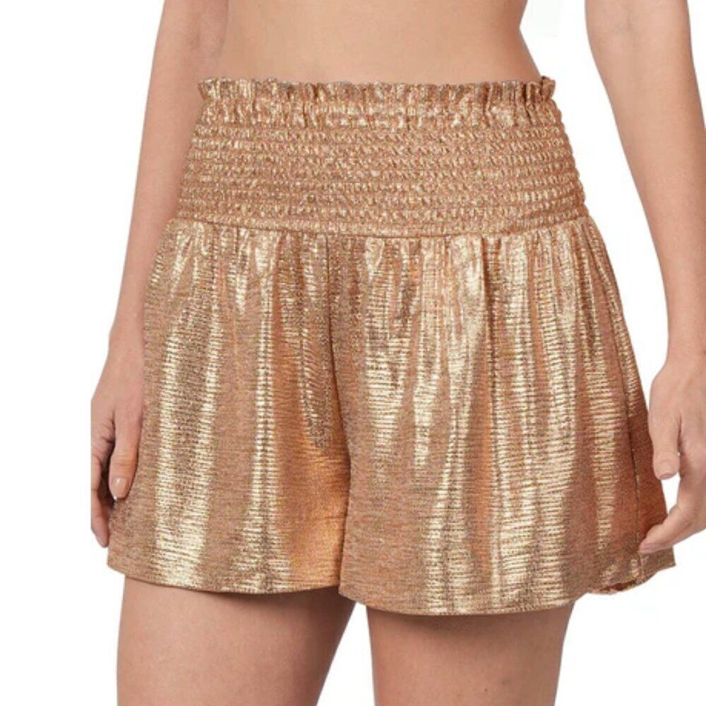 Gold Metallic Swing Shorts High Waist Smocked Shorts M